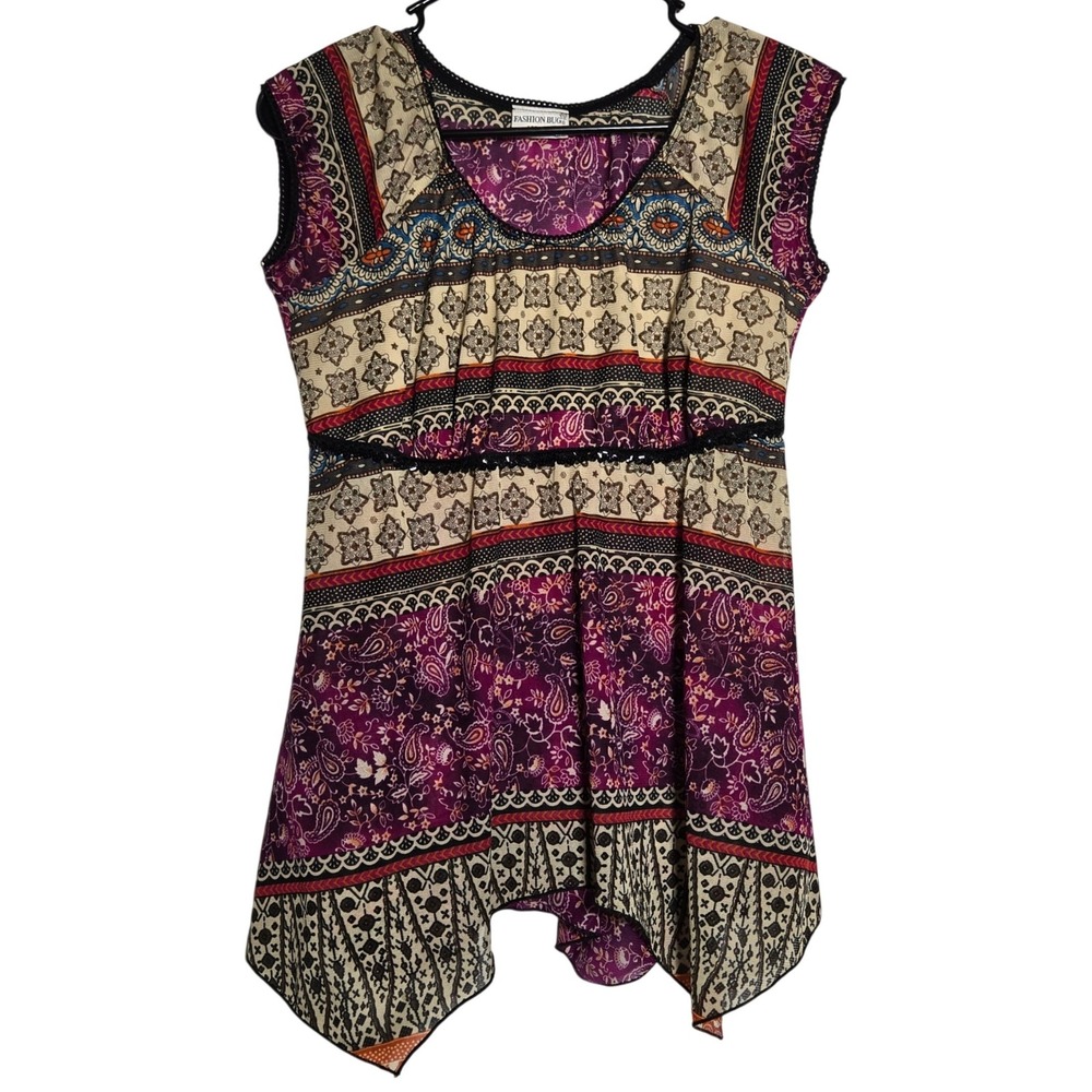 Fashion Bug Paisley Babydoll Asymmetric Top Small Boho Sequin Y2K Hippie Fairy